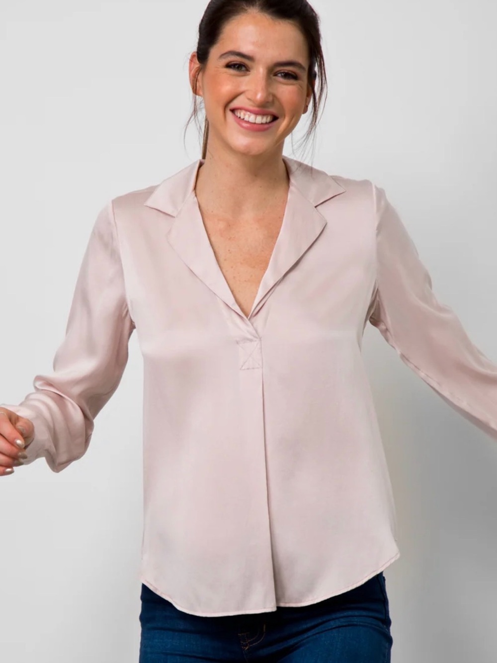 GO BY GOSILK Go Luxe Anywhere Blush Pink / Mauve 100% Silk Long Sleeve Top Large